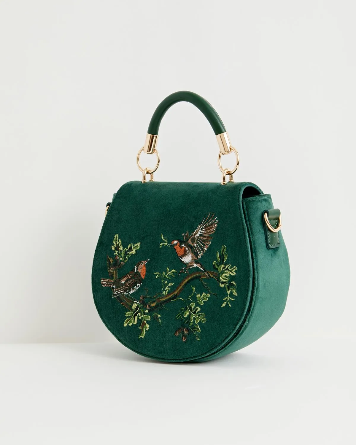 Robin Love Velvet Embroidered Saddle Bag - Fern Green