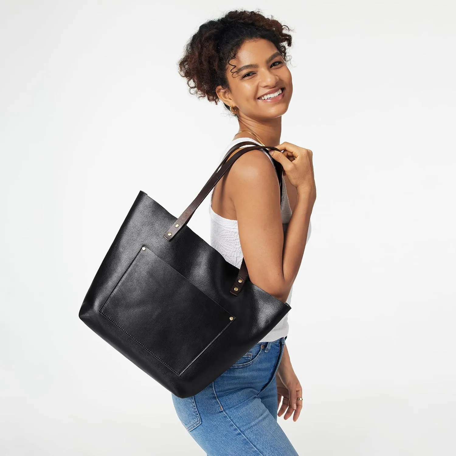S-ZONE Leather Tote Bag for Women Large Work Shoulder Purses and Handbags with Outside Pocket