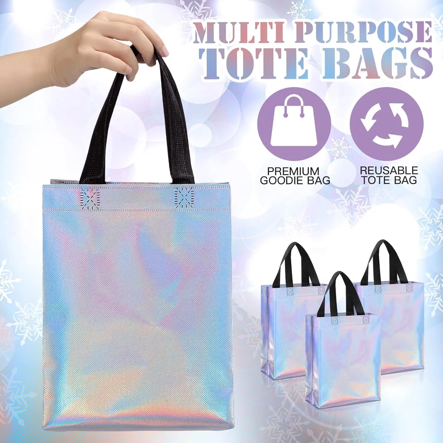 Sadnyy 48 Pcs Iridescent Gift Bags with Handles Medium 8x4x10 Inch Holographic Reusable Gift Bags Bulk Metallic for Graduation