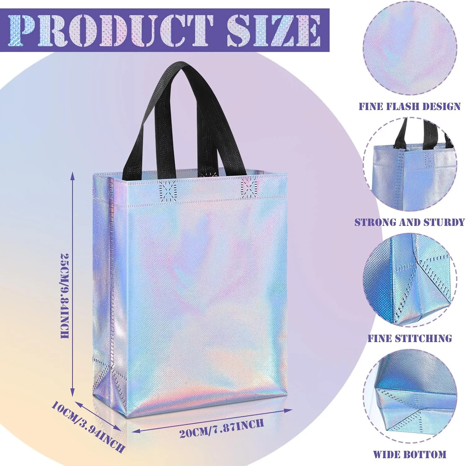 Sadnyy 48 Pcs Iridescent Gift Bags with Handles Medium 8x4x10 Inch Holographic Reusable Gift Bags Bulk Metallic for Graduation
