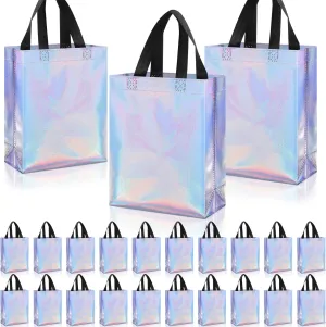 Sadnyy 48 Pcs Iridescent Gift Bags with Handles Medium 8x4x10 Inch Holographic Reusable Gift Bags Bulk Metallic for Graduation