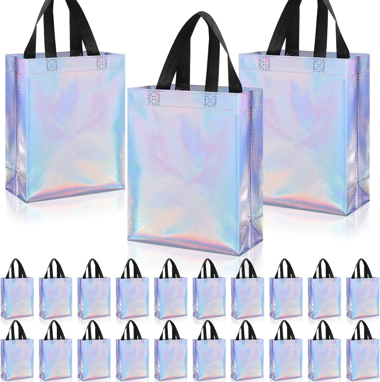 Sadnyy 48 Pcs Iridescent Gift Bags with Handles Medium 8x4x10 Inch Holographic Reusable Gift Bags Bulk Metallic for Graduation