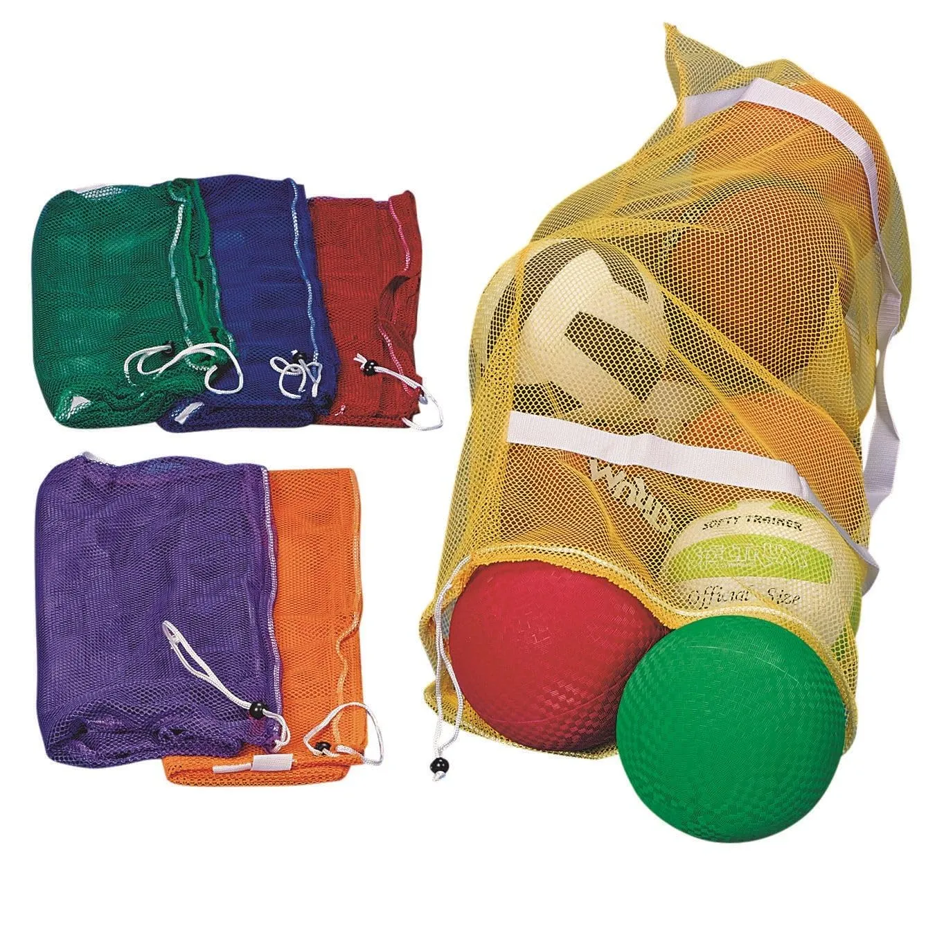 S&S Worldwide Spectrum 48" x 24" Mesh Ball Bags, Extra Large, Drawstring Top, Shoulder Strap, Red, Yellow, Blue, Green, Orange, Purple, Pk6