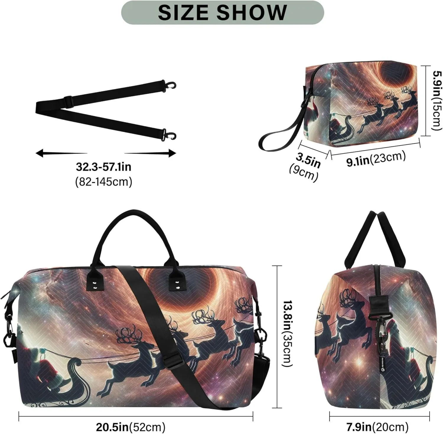 Santa Claus Black Hole Reindeer Travel Bag Duffel Toiletry Pouches Set of 2, Print Women Gym Tote Bags Carry on Duffle