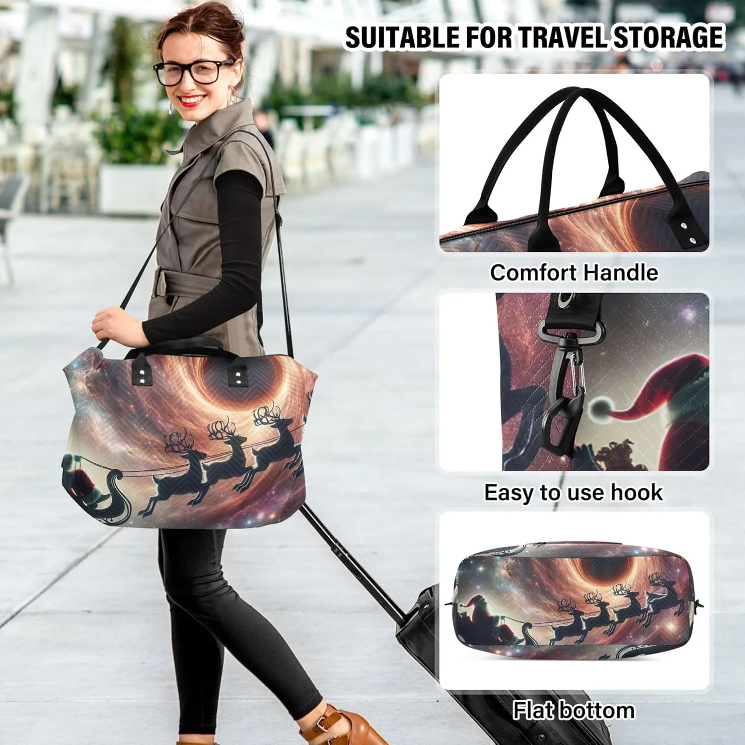 Santa Claus Black Hole Reindeer Travel Bag Duffel Toiletry Pouches Set of 2, Print Women Gym Tote Bags Carry on Duffle