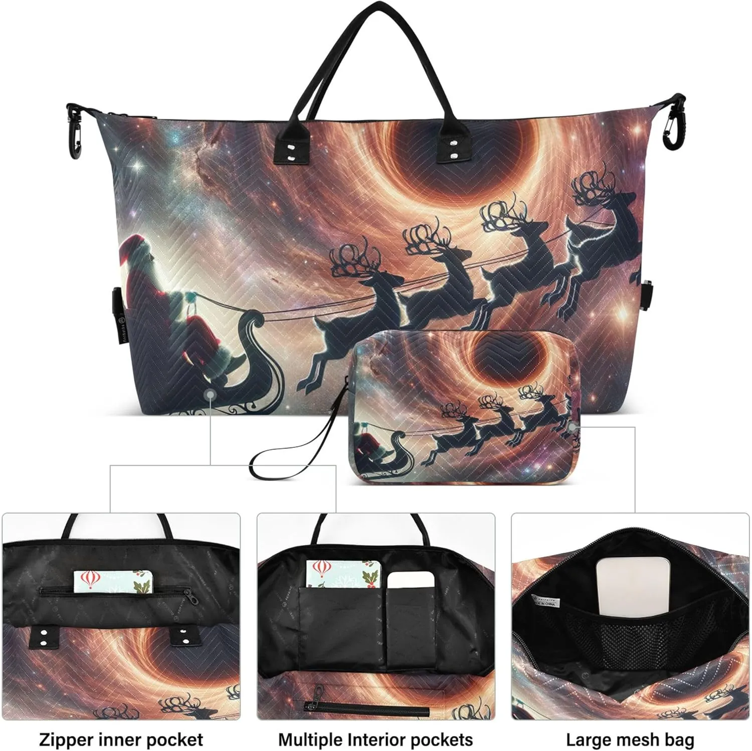 Santa Claus Black Hole Reindeer Travel Bag Duffel Toiletry Pouches Set of 2, Print Women Gym Tote Bags Carry on Duffle