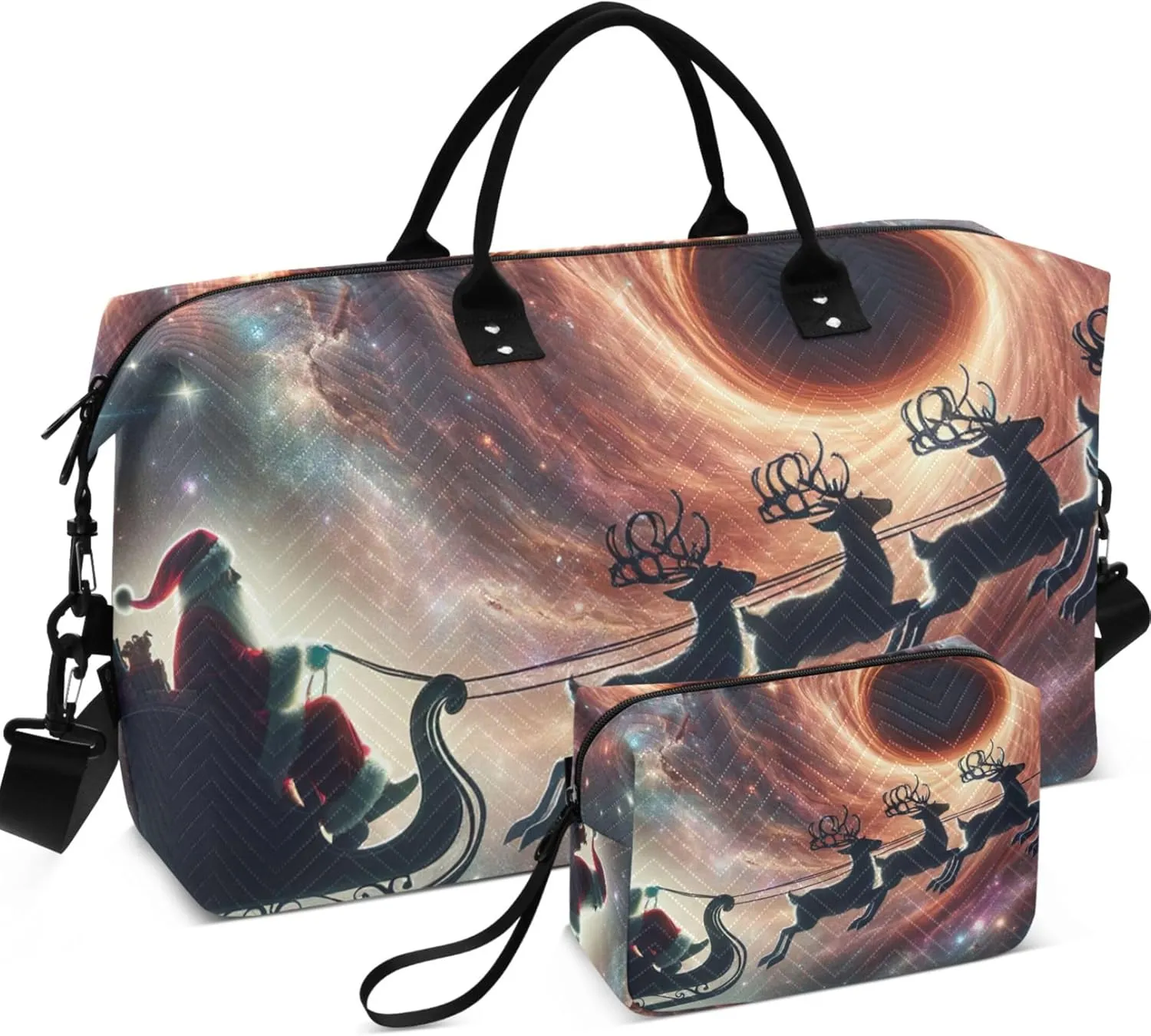 Santa Claus Black Hole Reindeer Travel Bag Duffel Toiletry Pouches Set of 2, Print Women Gym Tote Bags Carry on Duffle