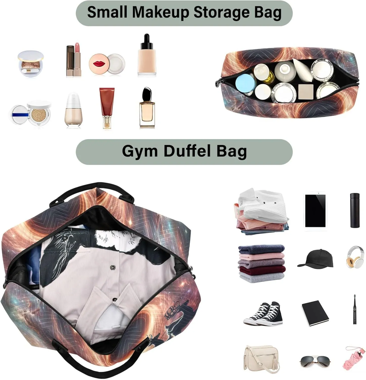 Santa Claus Black Hole Reindeer Travel Bag Duffel Toiletry Pouches Set of 2, Print Women Gym Tote Bags Carry on Duffle