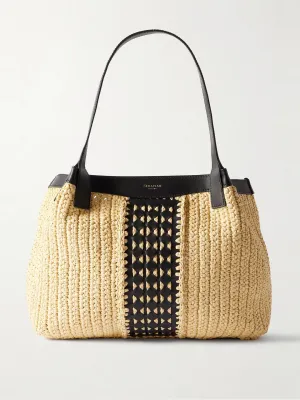Secret leather-trimmed woven raffia tote