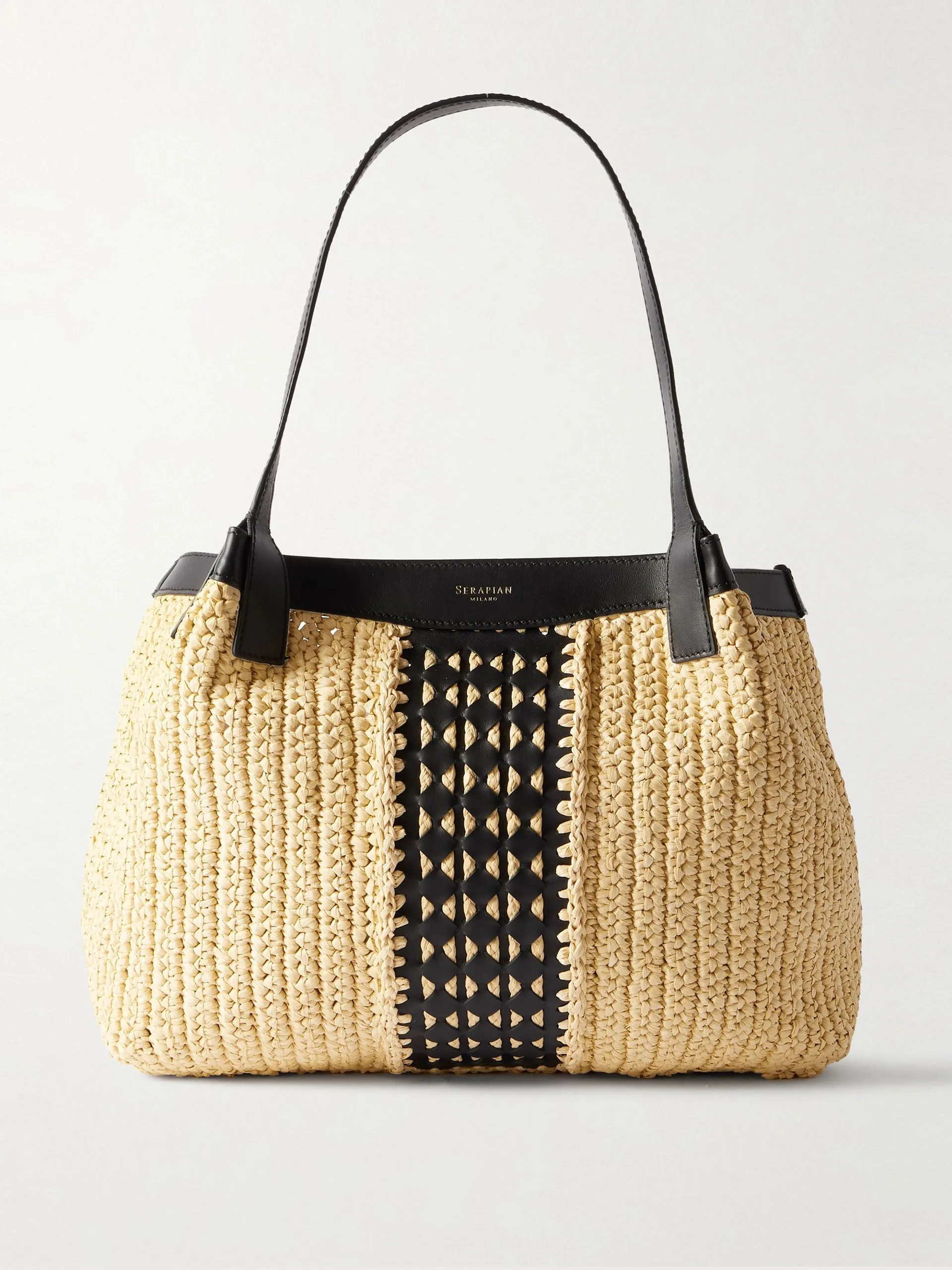 Secret leather-trimmed woven raffia tote
