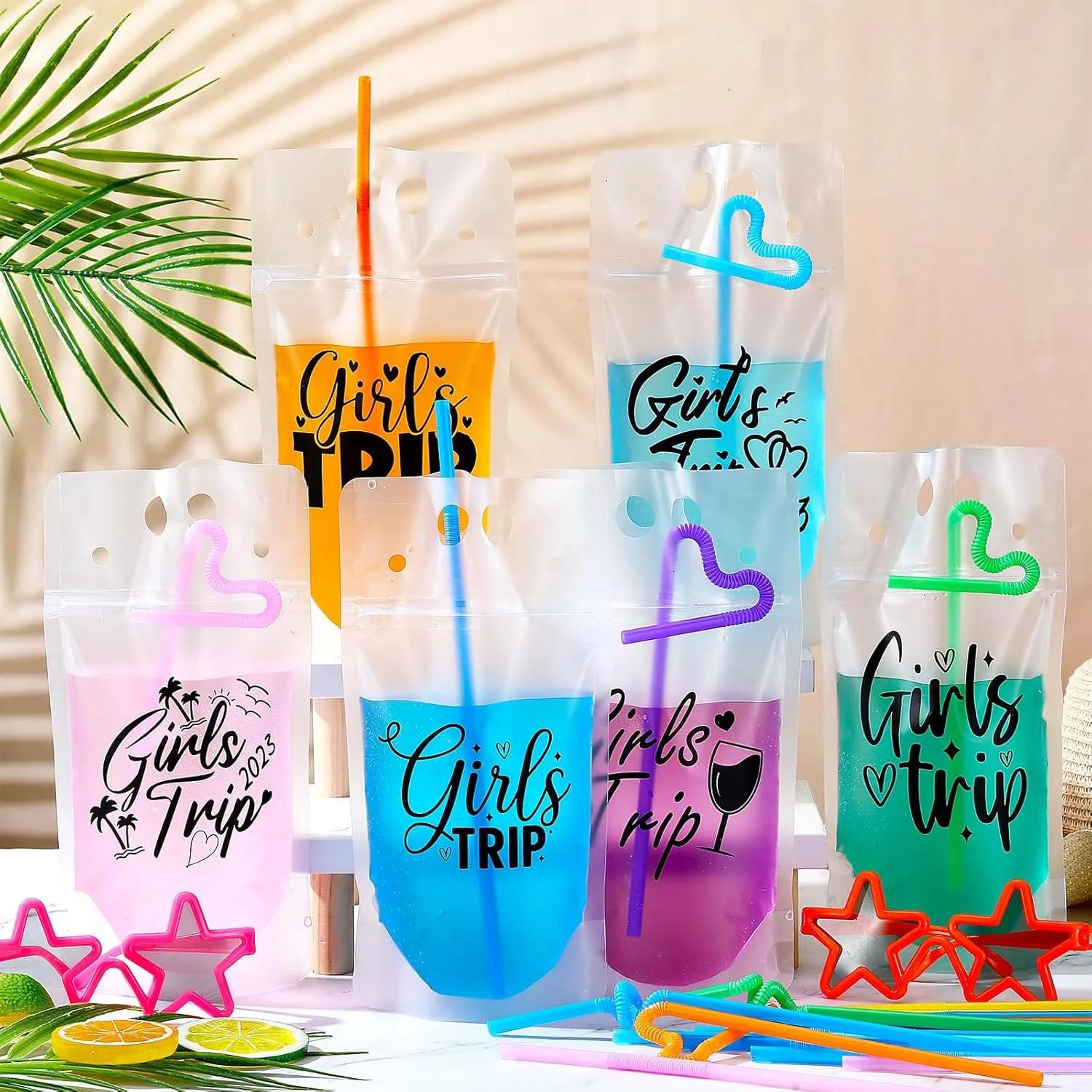 Seematn 24 Pcs Girls Trip Drink Pouch Bags with Straws, Girls Weekend Getaway Drink Holders Reusable Travel Juice Bag for Sister Auntie Friends Besties Vacation