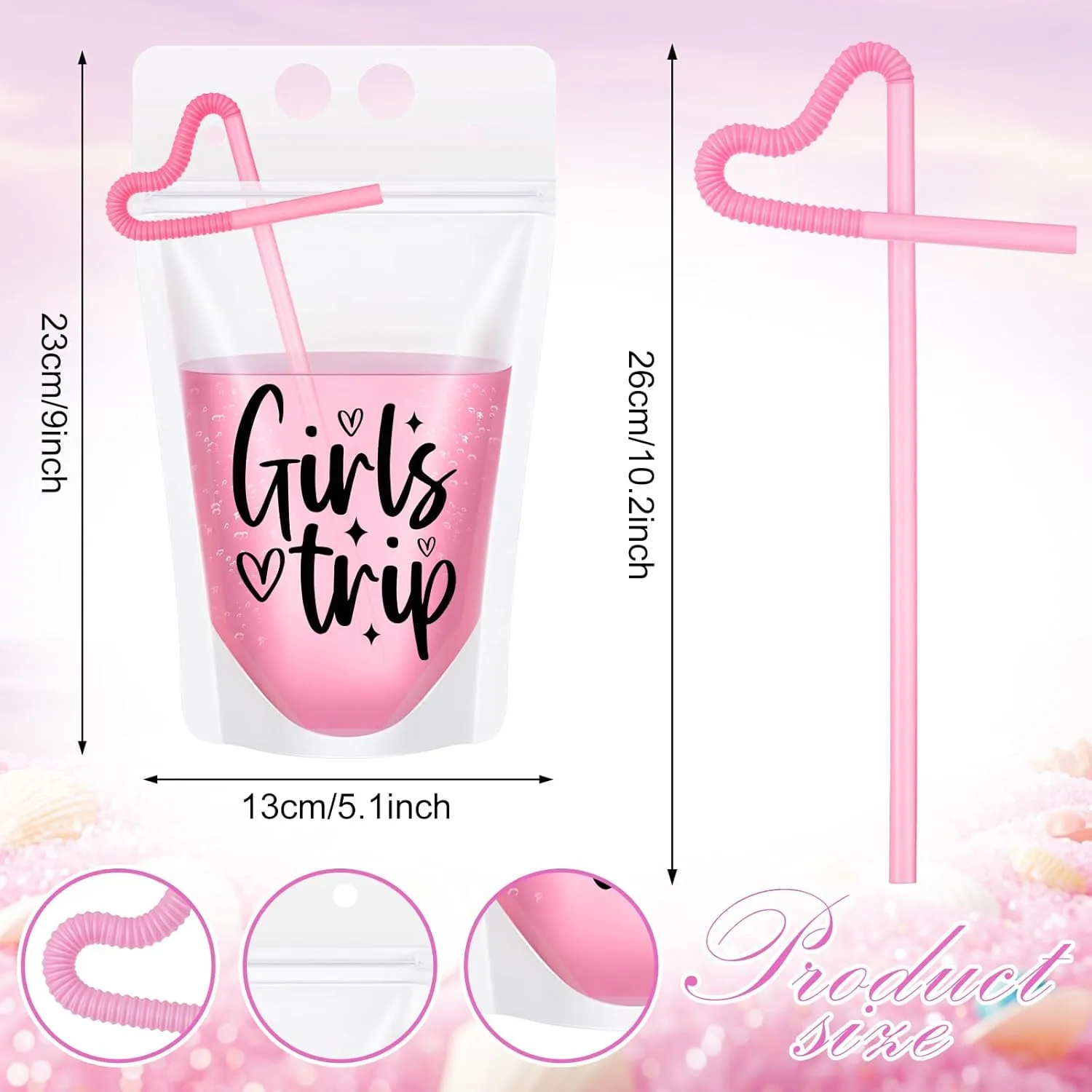 Seematn 24 Pcs Girls Trip Drink Pouch Bags with Straws, Girls Weekend Getaway Drink Holders Reusable Travel Juice Bag for Sister Auntie Friends Besties Vacation