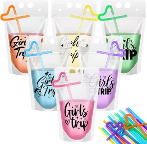 Seematn 24 Pcs Girls Trip Drink Pouch Bags with Straws, Girls Weekend Getaway Drink Holders Reusable Travel Juice Bag for Sister Auntie Friends Besties Vacation
