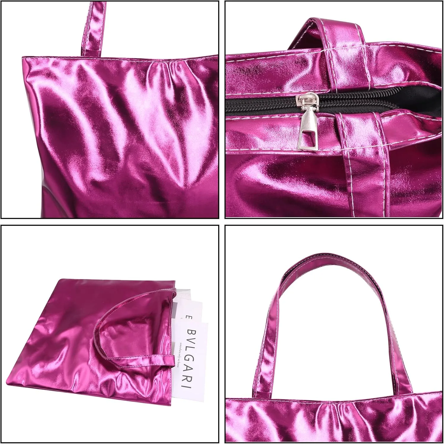 Shiny Holographic Tote Handbag Fashion PU Leather Metallic Purse Shoulder Bag Shopping Pouch for Women Girls