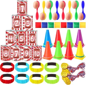 ShinyRelief 67 Pcs Carnival Games Combo Set for Kids Adults, 6 in 1 Bean Bag Toss Can 3 Legged Relay Race Ring Toss Egg Spoon Game for Family Outdoor Lawn Yard Field Day Birthday Party