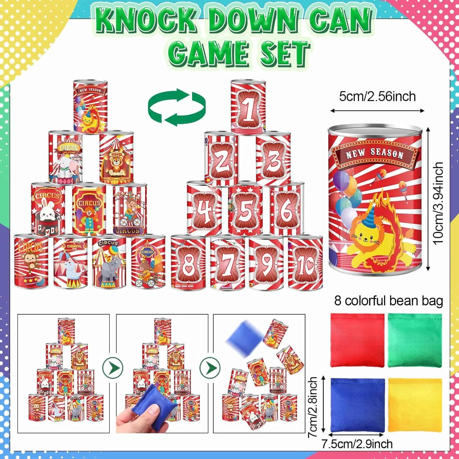 ShinyRelief 67 Pcs Carnival Games Combo Set for Kids Adults, 6 in 1 Bean Bag Toss Can 3 Legged Relay Race Ring Toss Egg Spoon Game for Family Outdoor Lawn Yard Field Day Birthday Party