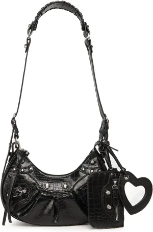 Shoulder Bag for Women Rivet Satchel Pleated Hobo Handbags Crocodile Effect Crescent Purse Crossbody Bags