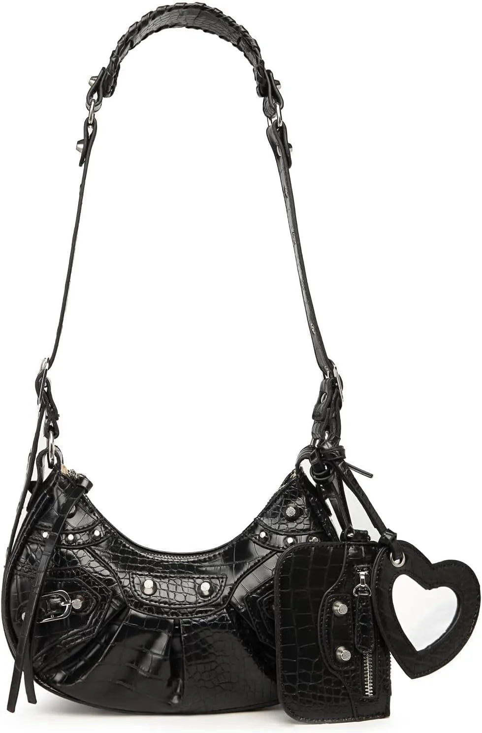 Shoulder Bag for Women Rivet Satchel Pleated Hobo Handbags Crocodile Effect Crescent Purse Crossbody Bags