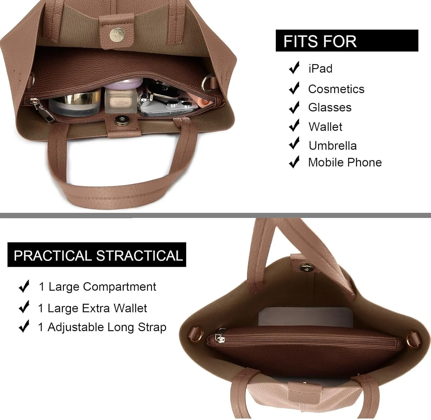 Shoulder Bag Women's 2 Piece Bucket Bag Set Soft Leather Tote & Crossbody Purse with Slouchy Hobo