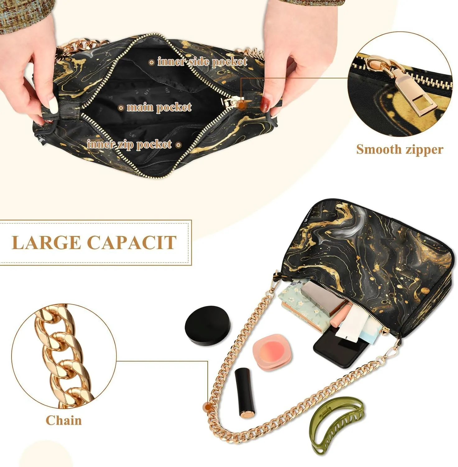 Shoulder Bags for Women Colorful Marble Texture Hobo Tote Handbag Small Clutch Purse with Zipper Closure