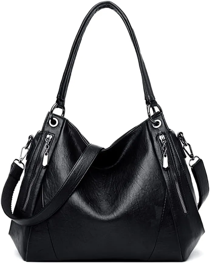 Shoulder Bags for Women Soft Water Leather Handbags Designer Women Messenger Bags Vintage Retro Tote (Black)