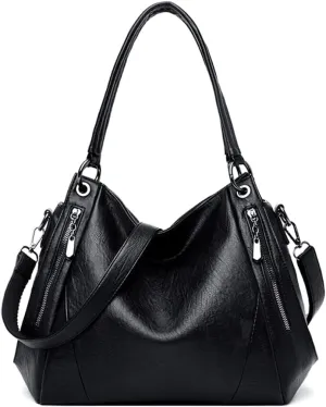 Shoulder Bags for Women Soft Water Leather Handbags Designer Women Messenger Bags Vintage Retro Tote (Black)