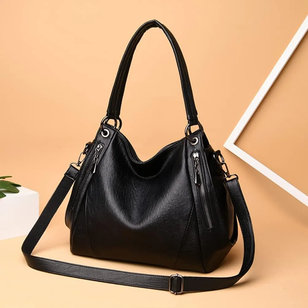 Shoulder Bags for Women Soft Water Leather Handbags Designer Women Messenger Bags Vintage Retro Tote (Black)