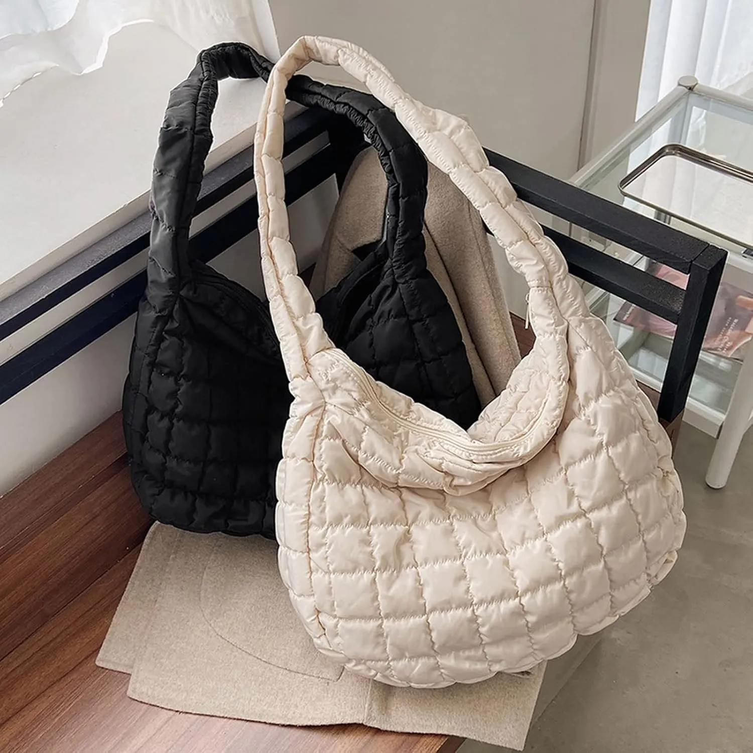 Shoulder Bags Winter Soft Down Fabric Shoulder Bag Women Designer Big Capacity Underarm Pack Large Female Purses(White)