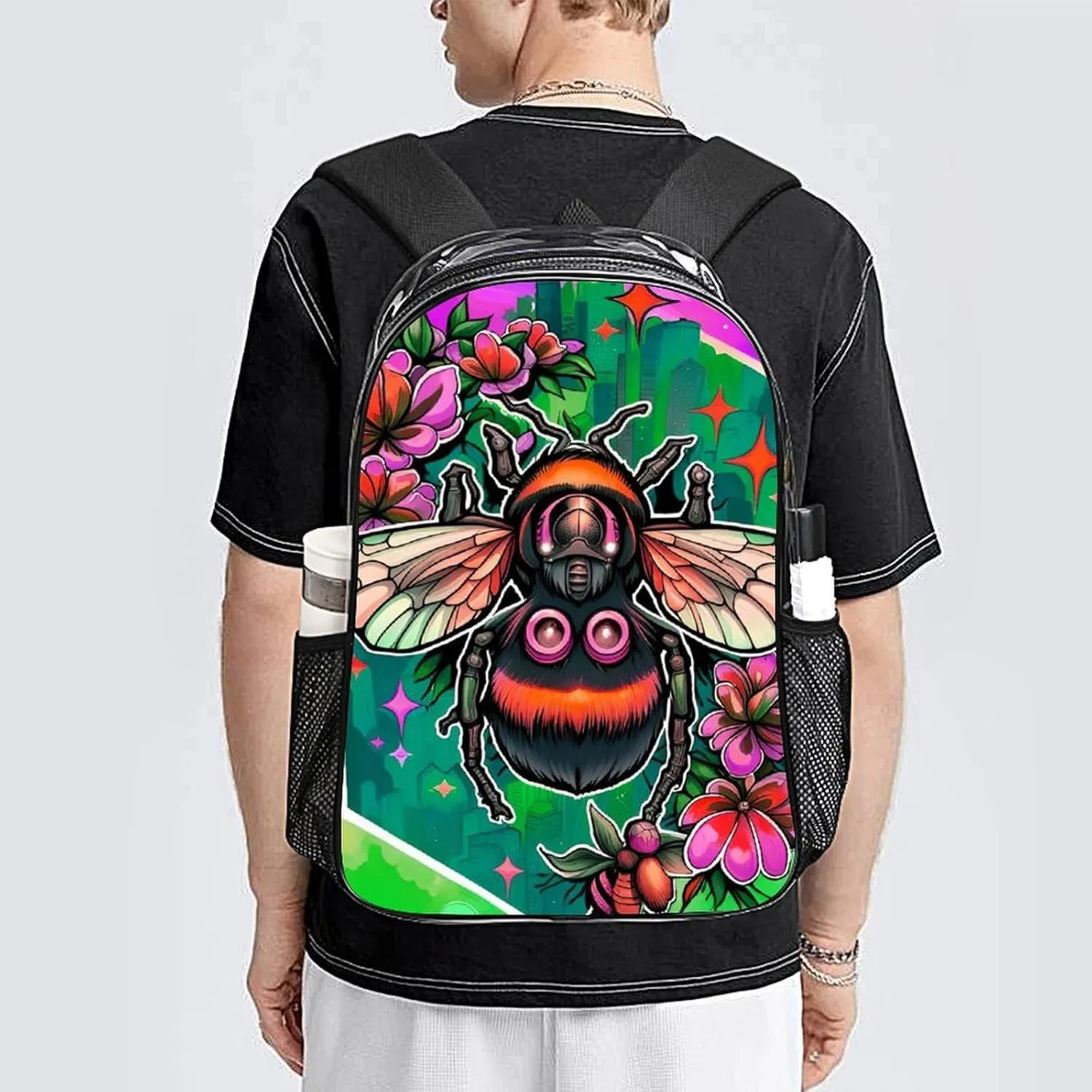 Shoulder Book Bags Anti-Theft Multipurpose Big Capacity Bookbag - Colorful Bee Flowers Art Travel Hiking Backpack Transparent Bag