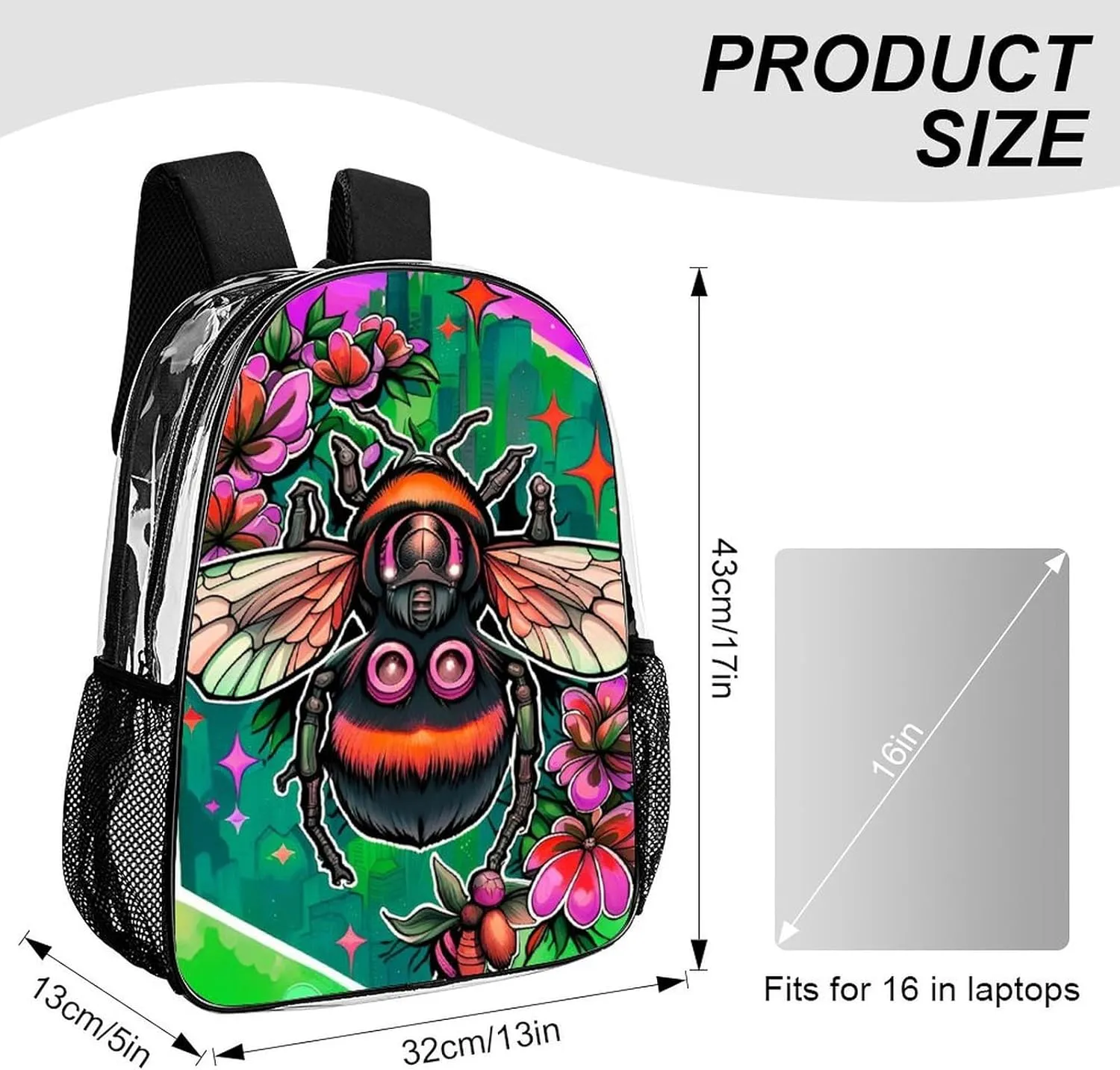 Shoulder Book Bags Anti-Theft Multipurpose Big Capacity Bookbag - Colorful Bee Flowers Art Travel Hiking Backpack Transparent Bag