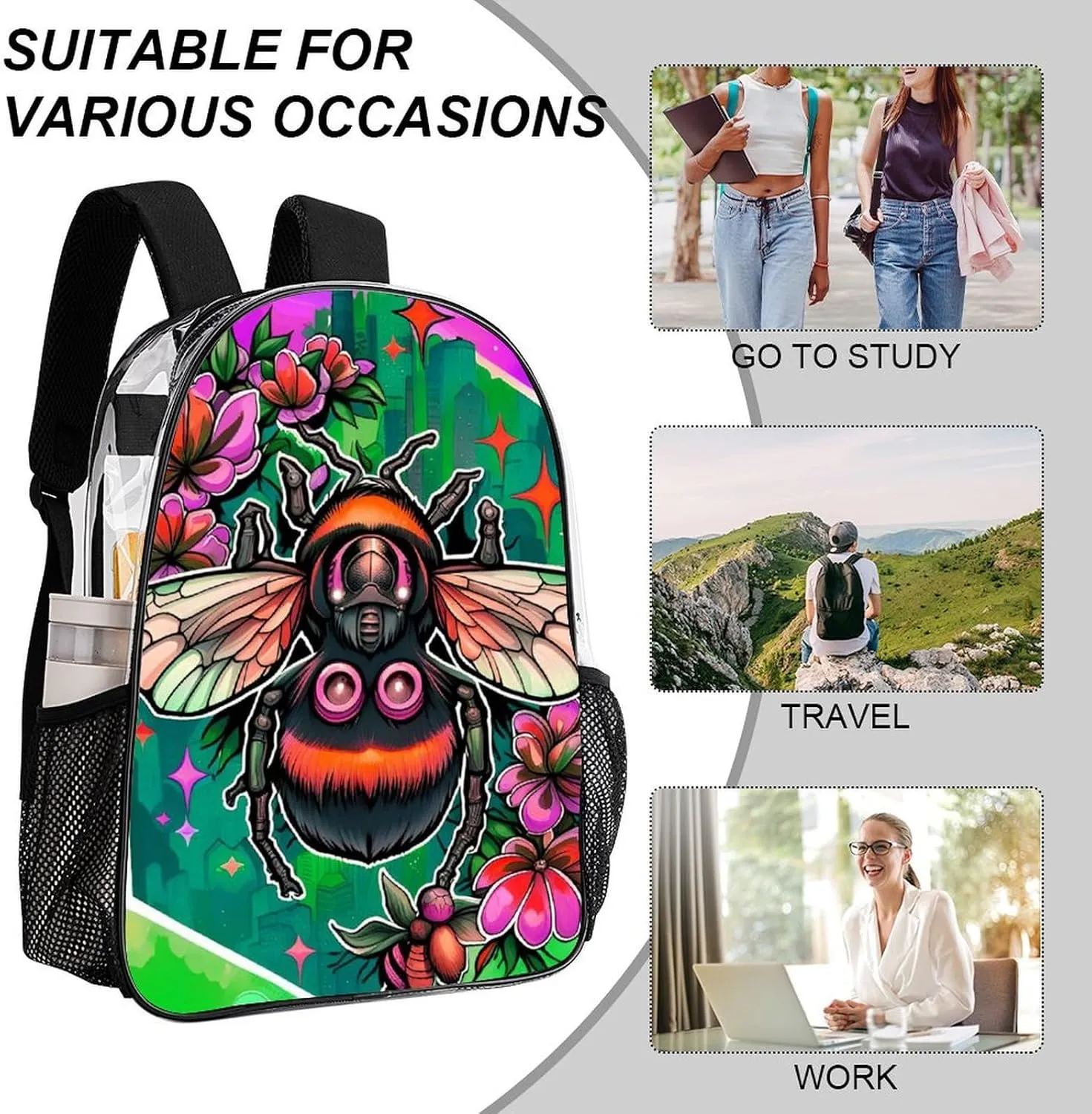 Shoulder Book Bags Anti-Theft Multipurpose Big Capacity Bookbag - Colorful Bee Flowers Art Travel Hiking Backpack Transparent Bag