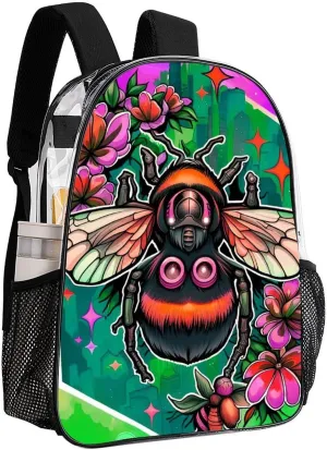 Shoulder Book Bags Anti-Theft Multipurpose Big Capacity Bookbag - Colorful Bee Flowers Art Travel Hiking Backpack Transparent Bag