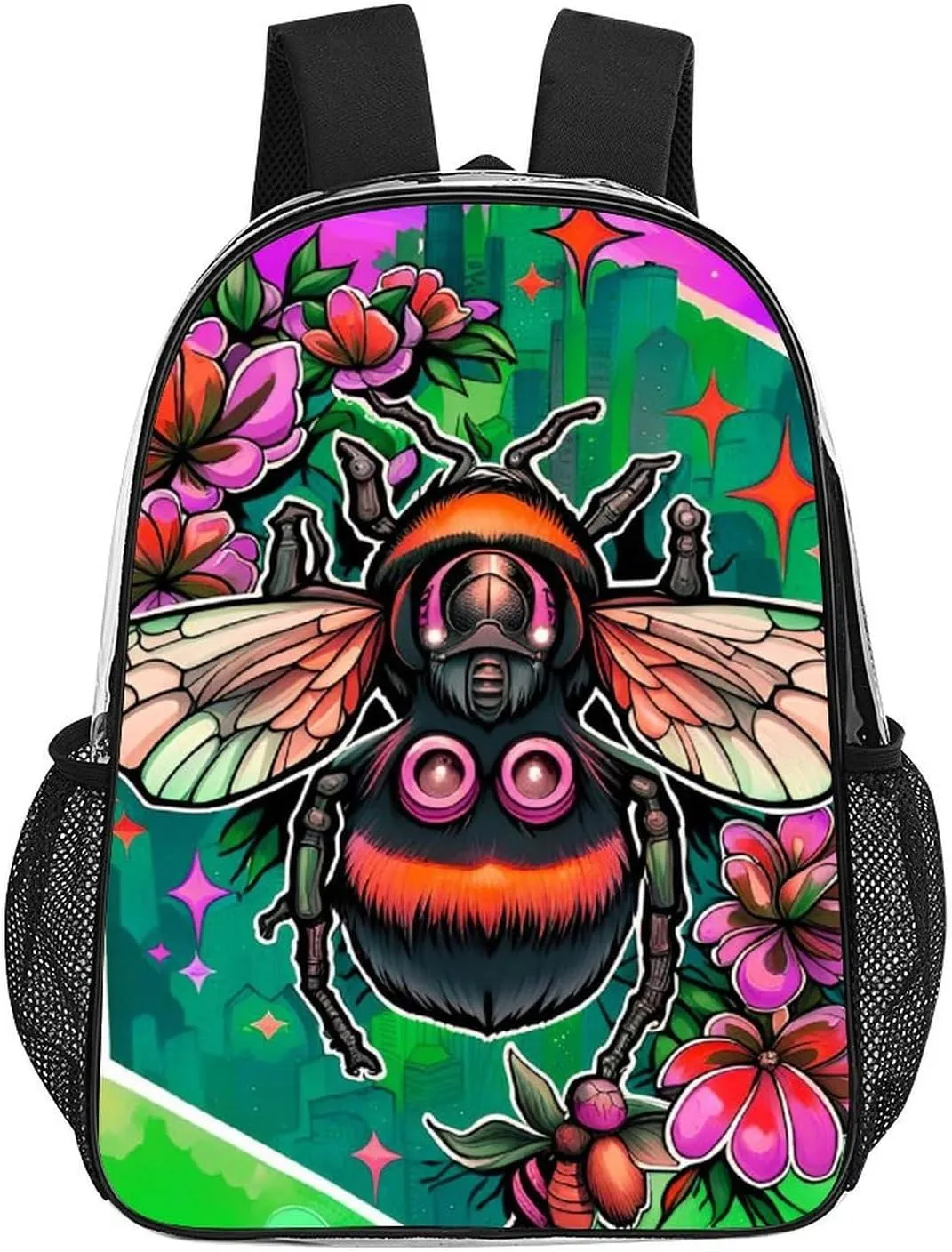 Shoulder Book Bags Anti-Theft Multipurpose Big Capacity Bookbag - Colorful Bee Flowers Art Travel Hiking Backpack Transparent Bag