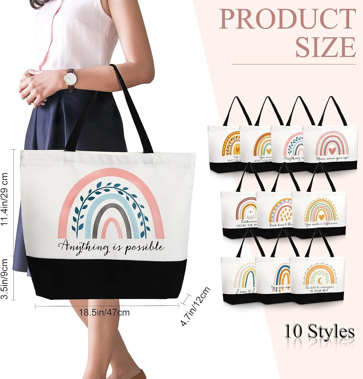 Sieral 10 Pcs Rainbow Canvas Tote Bag Teacher Appreciation Gift Bulk Retirement Thank You Gift for Women(Inspirational)