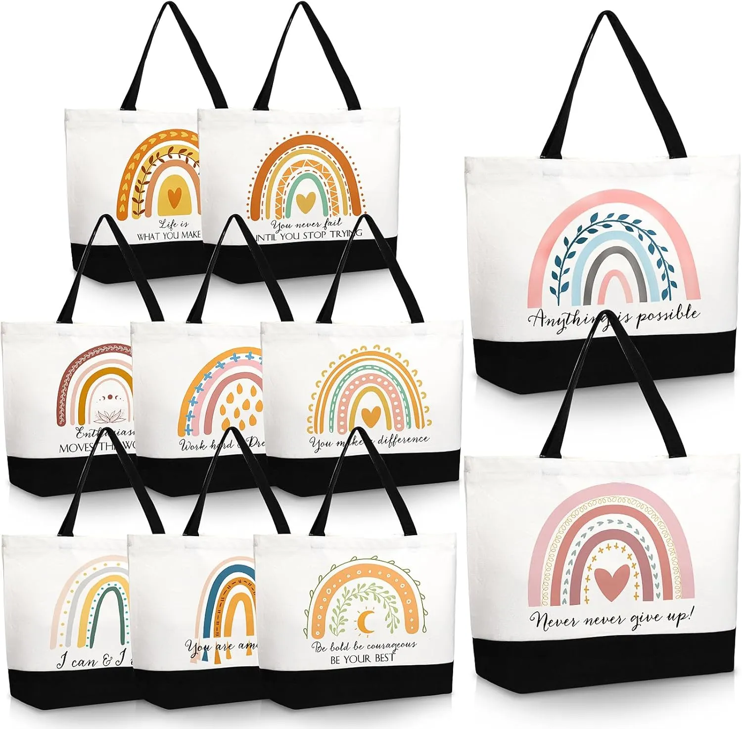 Sieral 10 Pcs Rainbow Canvas Tote Bag Teacher Appreciation Gift Bulk Retirement Thank You Gift for Women(Inspirational)