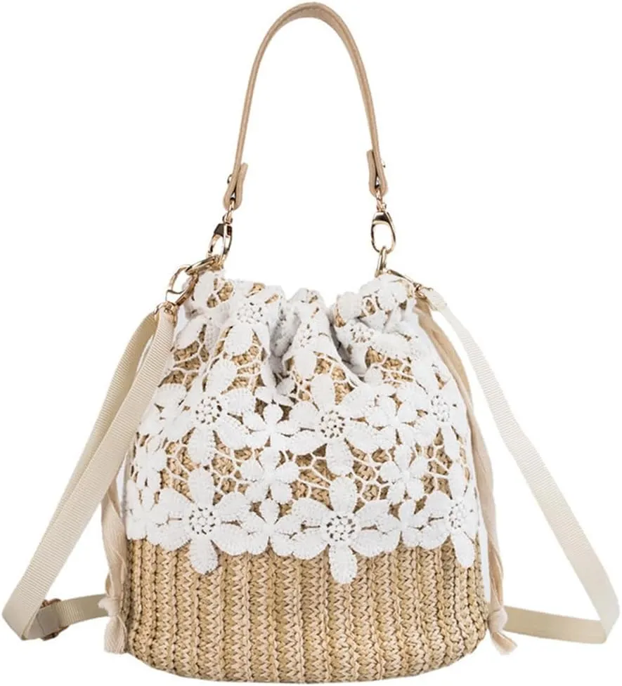 Sister Amy® Bamboo Handbag, Beach Purse Bag Half Moon Bag, Straw Lace Woven Travel Sling Bag Shoulder Crossbody Bag