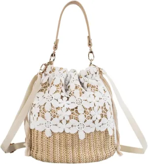 Sister Amy® Bamboo Handbag, Beach Purse Bag Half Moon Bag, Straw Lace Woven Travel Sling Bag Shoulder Crossbody Bag