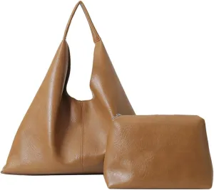 Slouchy Hobo Bags for Women Tote Bag Retro PU Leather Crossbody Bag Soft Shoulder Purses Handbags Large Capacity 2pcs