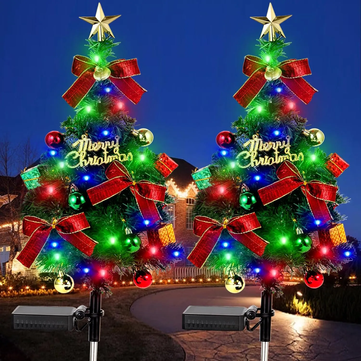 Solar Christams Tree Lights 2PCS Solar Xmas Tree Decor Pathway Lights Solar Garden Stake Lights Waterproof 40LED-Lights Constant&Flashing Modes Outdoor Yard Lawn Patio Decorations HDJSDS