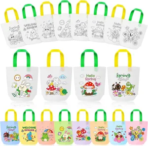 Spring Coloring Goodie Bags for Kids - 24Pcs Hello Spring Bulk Color Your Own Gift Bags with Handle Welcome Spring Reusable Coloring Bag Non Woven Tote Bag for DIY Crafts Painting Party Favor Supplies