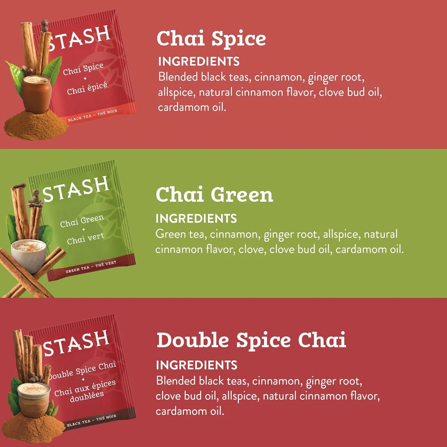 Stash Tea Chai Tea Variety Pack Sampler Assortment - Caffeinated, Non-GMO Project Verified Premium Tea with No Artificial Ingredients, 18-20 Count (Pack of 6)