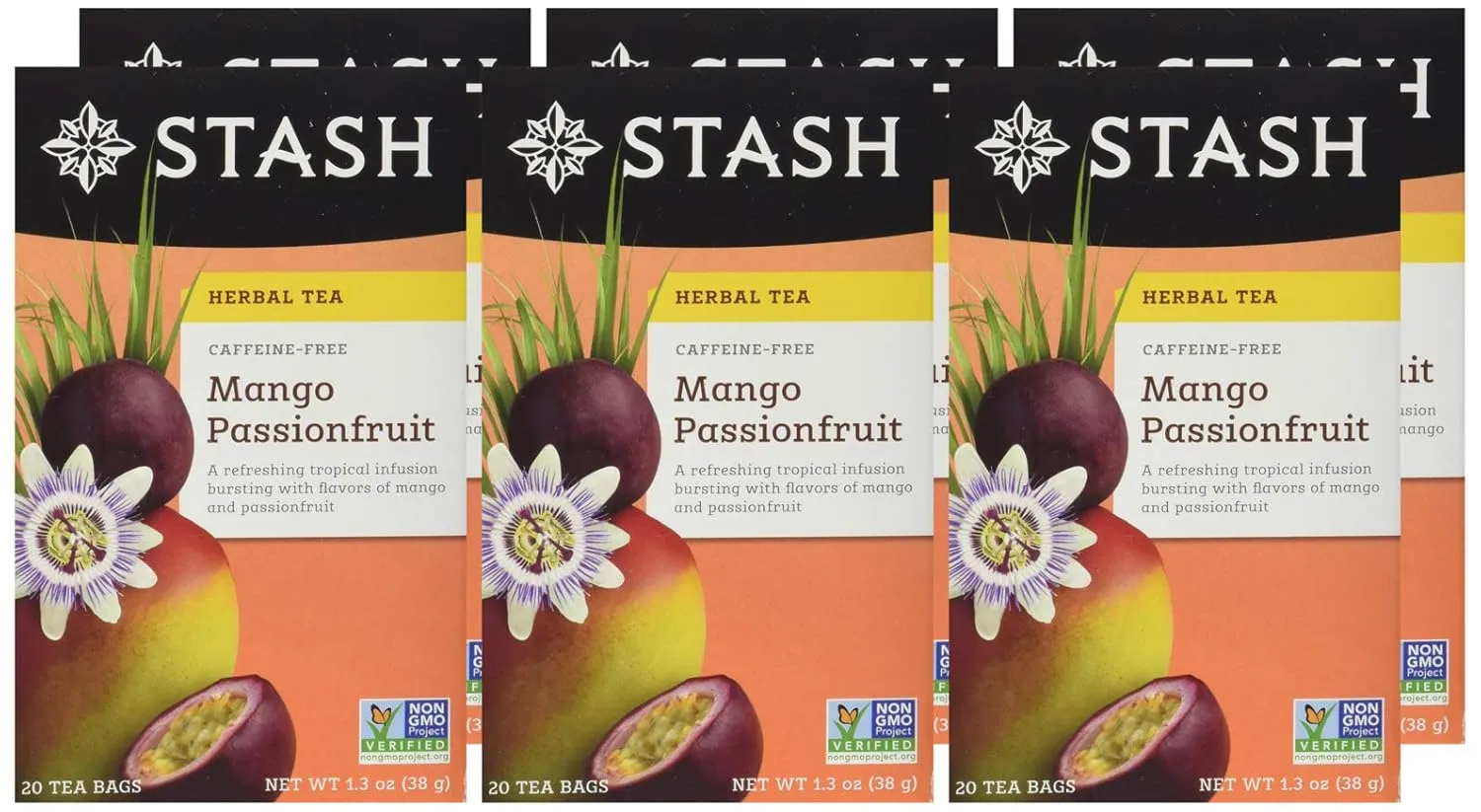 Stash Tea Mango Passionfruit Herbal Tea - Naturally Caffeine Free, Non-GMO Project Verified Premium Tea with No Artificial Ingredients, 20 Count (Pack of 6) - 120 Bags Total