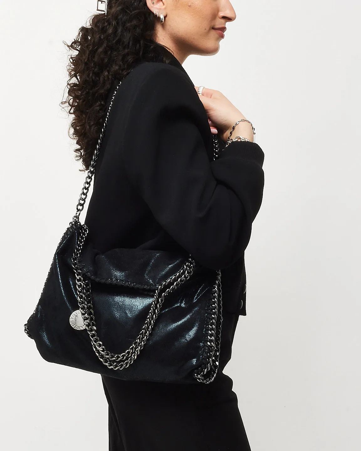 Stella McCartney Black Vegan Leather Falabella Fold Over Shoulder Bag