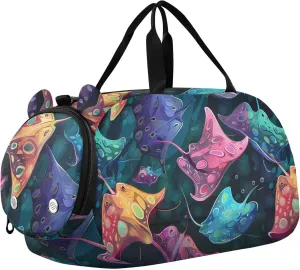 Stingray Fishes Colorful Sports Duffle Bag for Teens Girls Boys, Gym Bag with Shoe Compartment, Kids Travel Overnight Weekender Shoulder Bag
