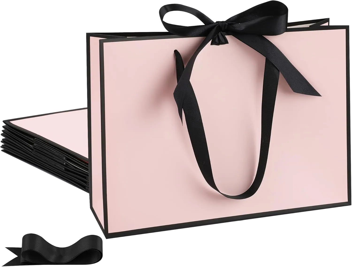 STOBOCTER 6 Pcs Elegant Paper Gift Bags with Handles 12.6''x4''x9.1'' Thank You Gift Bags with Bow Ribbon Gift Wrap Bags for Wedding Bridesmaid Groomsmen Party Baby Shower Birthday Gifts(Pink, Black)