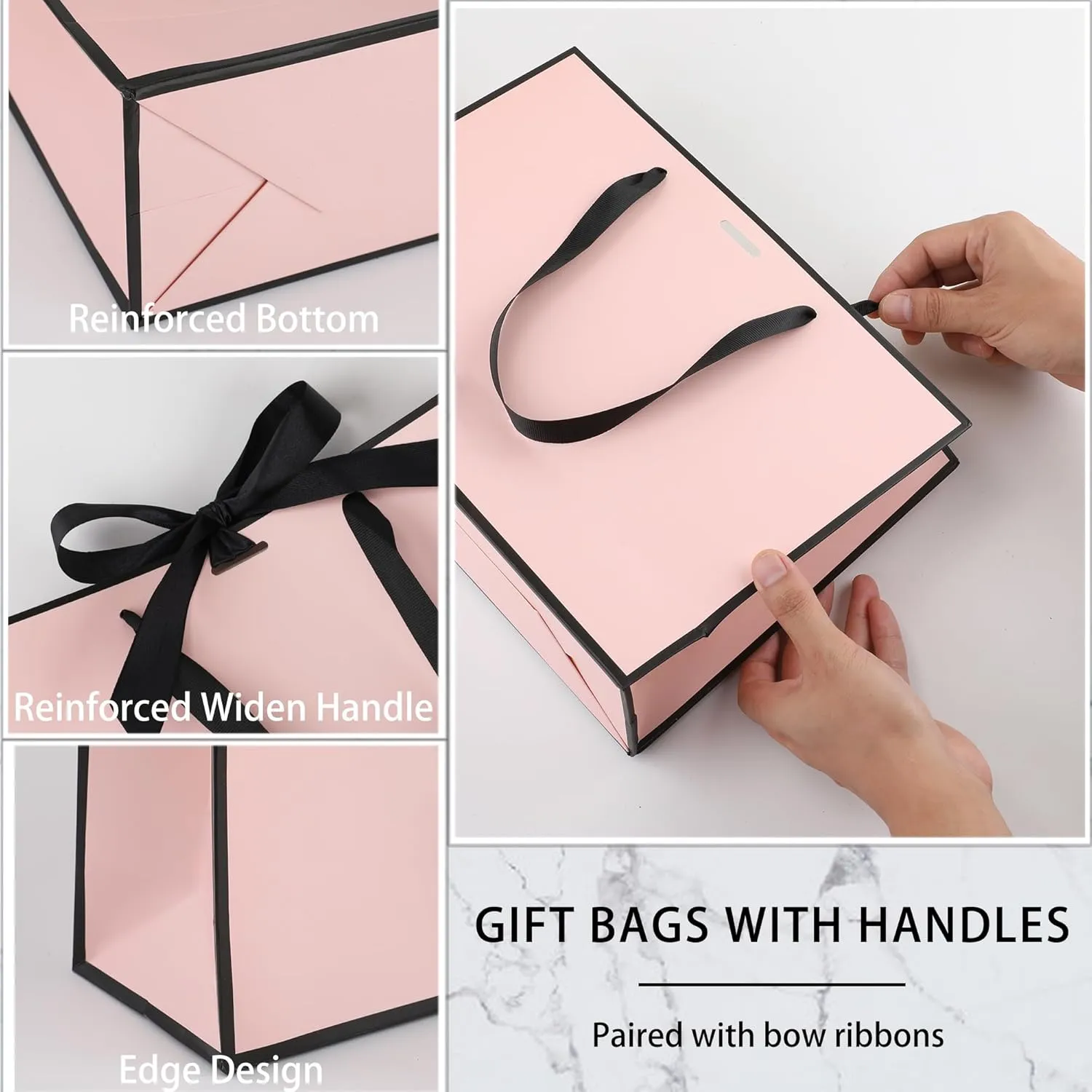 STOBOCTER 6 Pcs Elegant Paper Gift Bags with Handles 12.6''x4''x9.1'' Thank You Gift Bags with Bow Ribbon Gift Wrap Bags for Wedding Bridesmaid Groomsmen Party Baby Shower Birthday Gifts(Pink, Black)