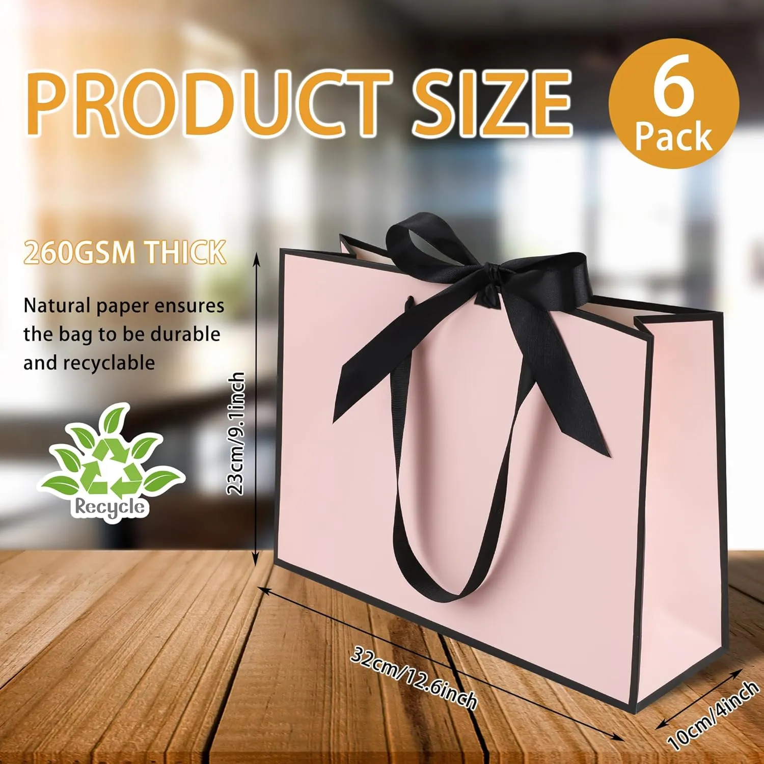 STOBOCTER 6 Pcs Elegant Paper Gift Bags with Handles 12.6''x4''x9.1'' Thank You Gift Bags with Bow Ribbon Gift Wrap Bags for Wedding Bridesmaid Groomsmen Party Baby Shower Birthday Gifts(Pink, Black)