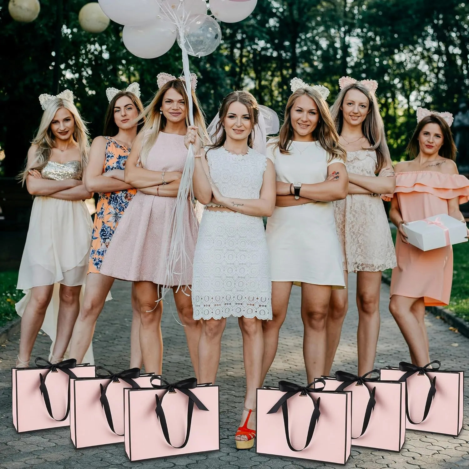 STOBOCTER 6 Pcs Elegant Paper Gift Bags with Handles 12.6''x4''x9.1'' Thank You Gift Bags with Bow Ribbon Gift Wrap Bags for Wedding Bridesmaid Groomsmen Party Baby Shower Birthday Gifts(Pink, Black)