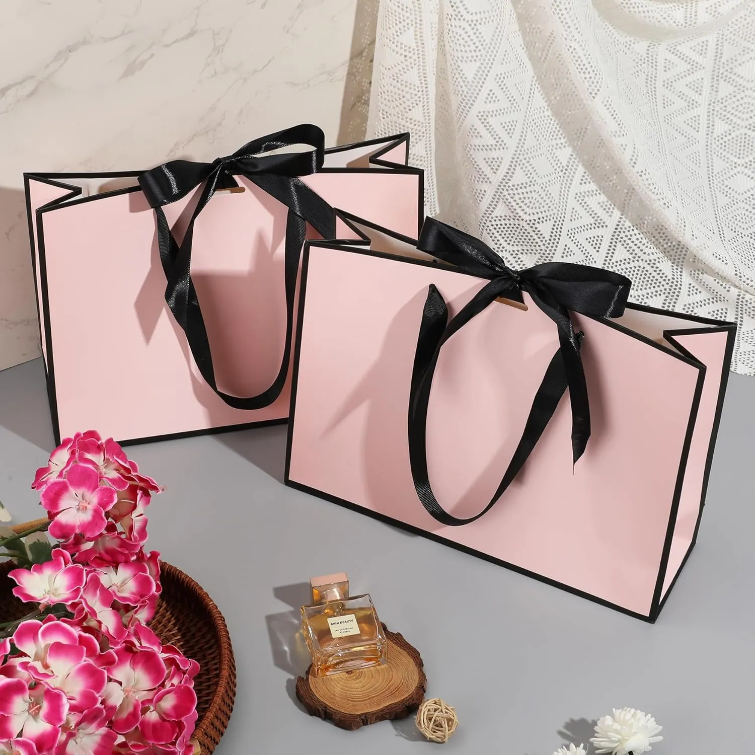 STOBOCTER 6 Pcs Elegant Paper Gift Bags with Handles 12.6''x4''x9.1'' Thank You Gift Bags with Bow Ribbon Gift Wrap Bags for Wedding Bridesmaid Groomsmen Party Baby Shower Birthday Gifts(Pink, Black)