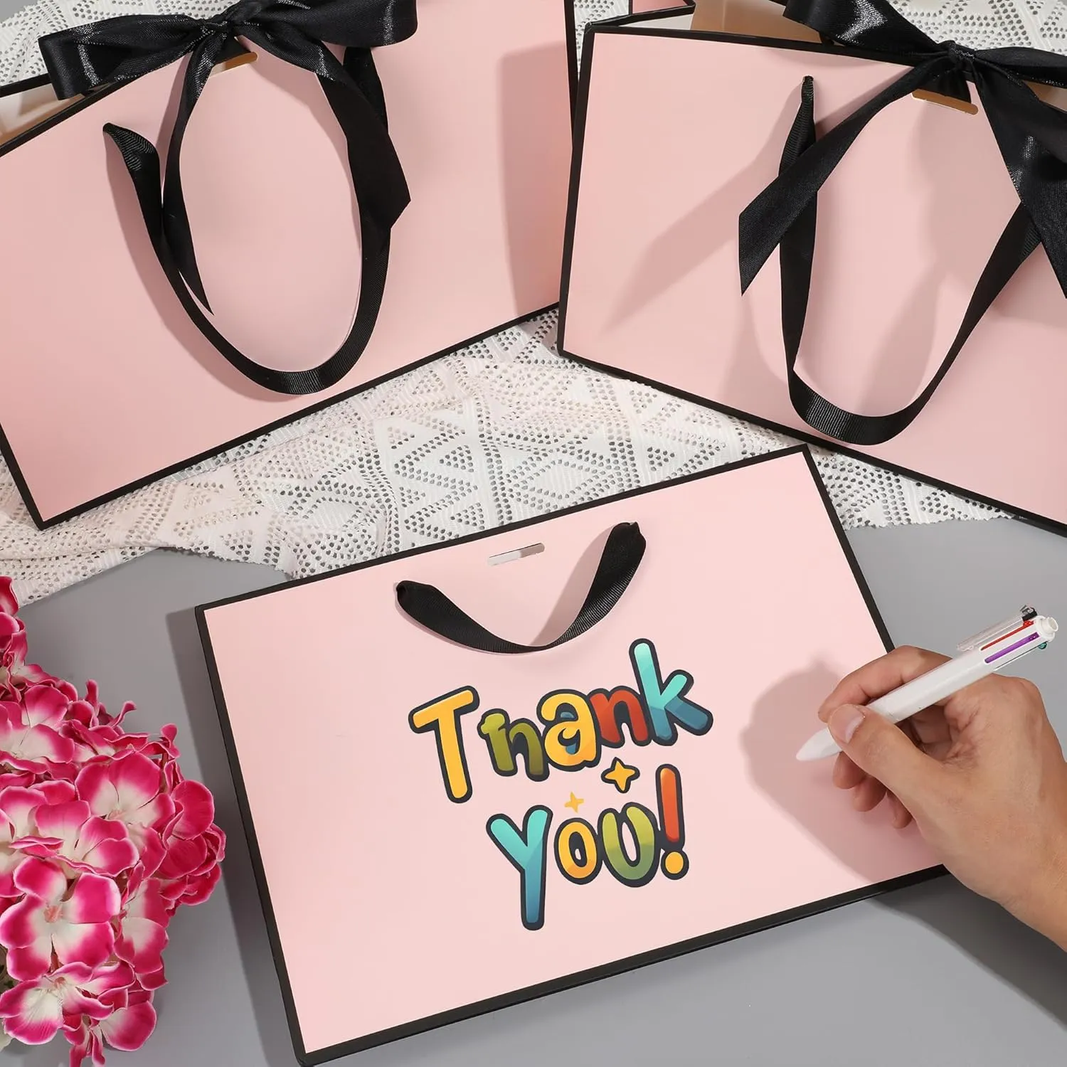 STOBOCTER 6 Pcs Elegant Paper Gift Bags with Handles 12.6''x4''x9.1'' Thank You Gift Bags with Bow Ribbon Gift Wrap Bags for Wedding Bridesmaid Groomsmen Party Baby Shower Birthday Gifts(Pink, Black)